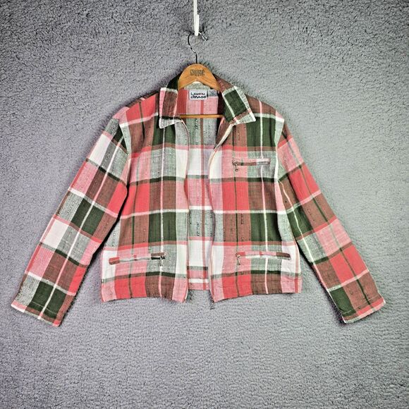 Plaid Crop Jacket Lemon Grass 14 Pink Green 100% Cotton Retro Zip Fall Vintage - Picture 1 of 11